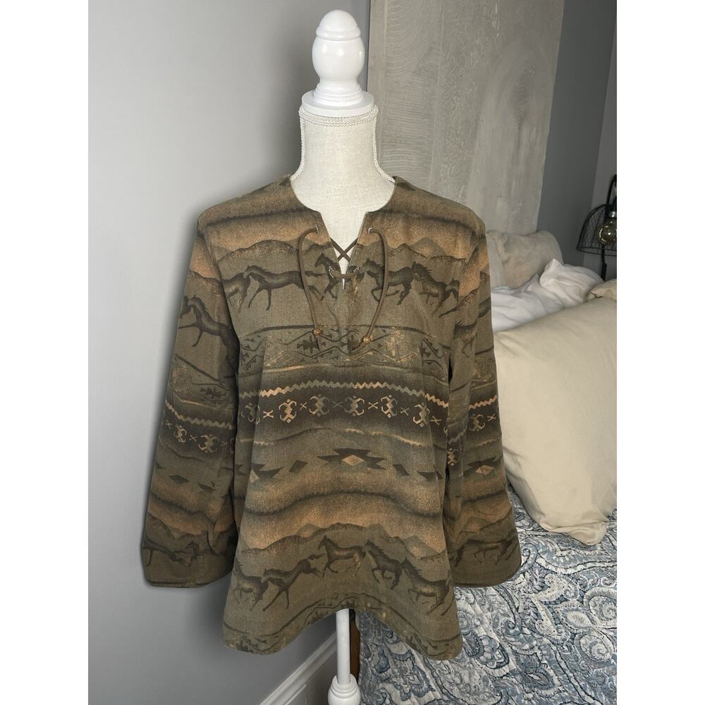 Cabelas Horse Aztec Lace Up Flannel Womens Size L Western Southwest Pullover - Picture 2 of 10